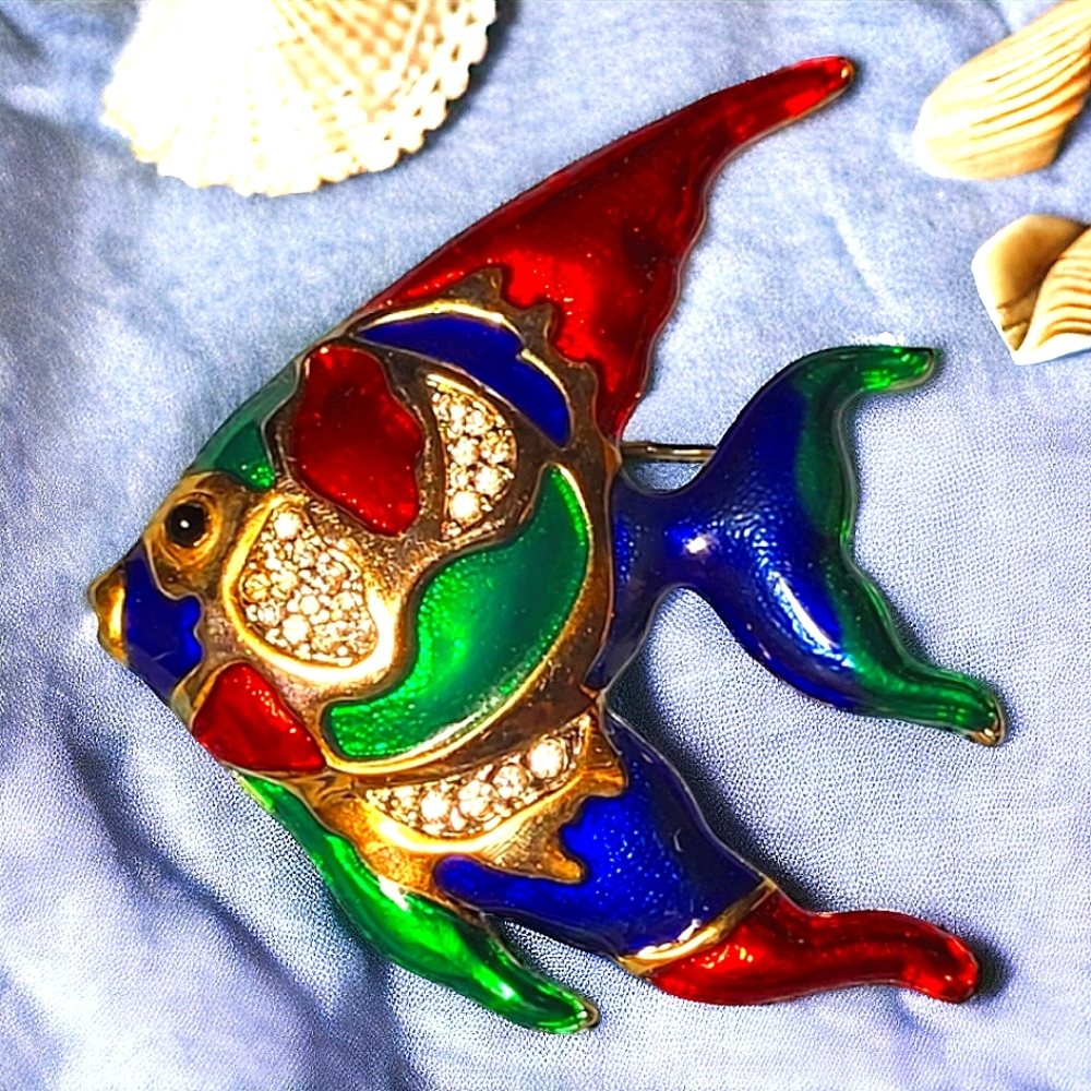 Vintage Mixed Metal Rhinestone Angel Fish Pin / Brooch
